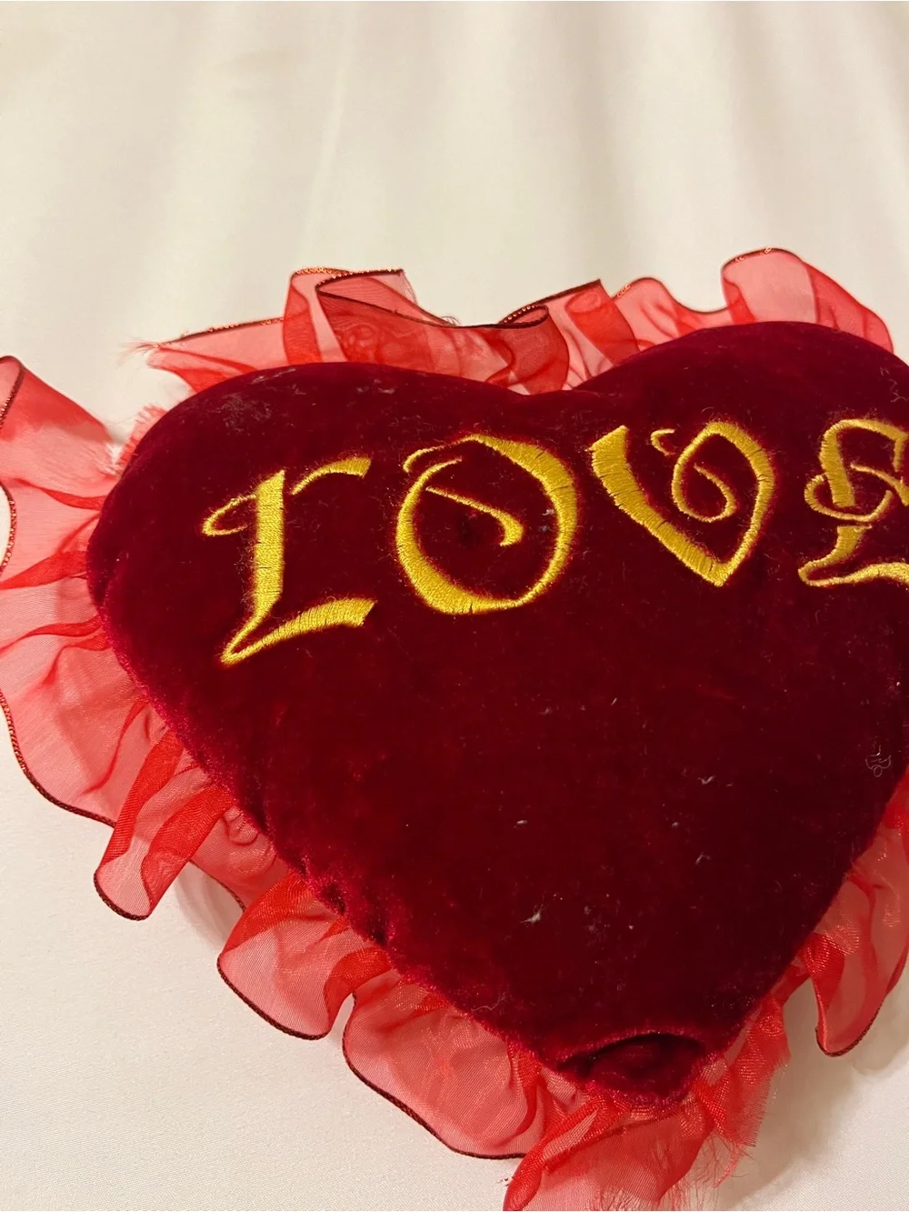 Red Heart LOVE Embroidered Plush Pillow Ruffle Velvet 9